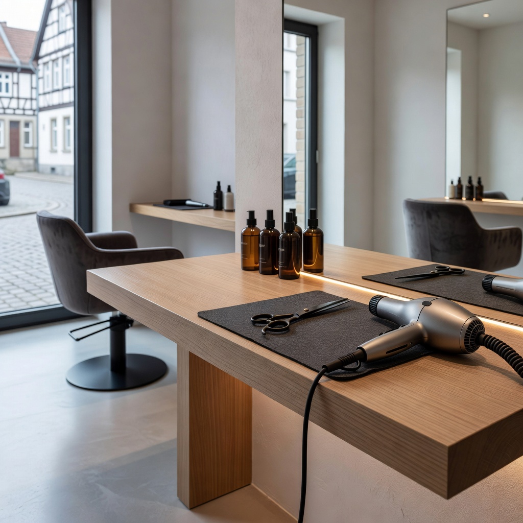Artisan styling tools and tidy modern beauty salon setting in Hessen