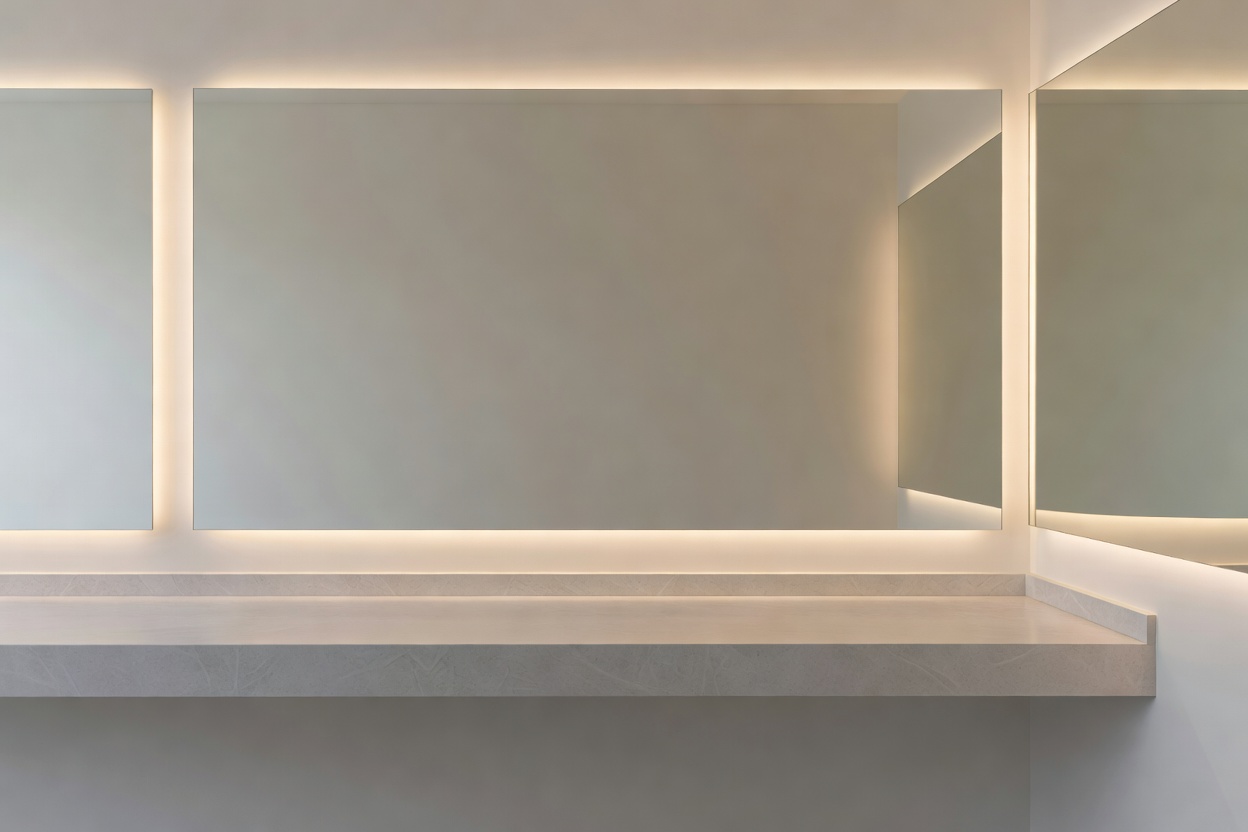 Clean aesthetic salon workstation with minimalist mirrors and warm lighting