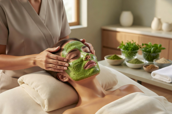 Client receiving soothing botanical facial treatment in beauty salon