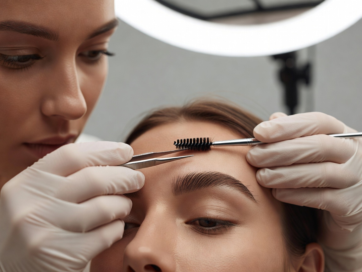 Close-up of precise eyebrow grooming and styling performed by beauty specialist