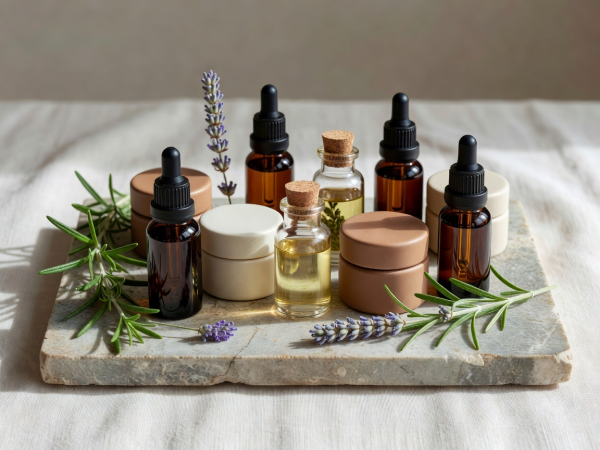 Curated skincare and botanical formulation bottles on stone tray