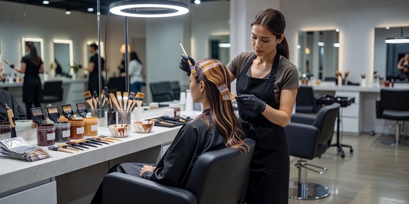 Detailed hair colouring session in modern salon workstation