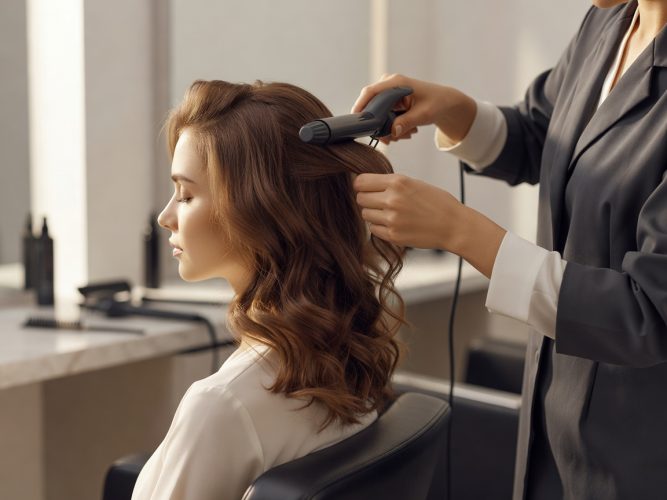 Detailed view of stylist creating natural textured waves on client hair