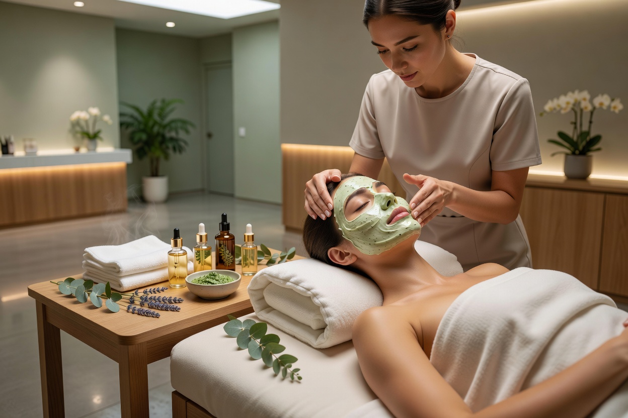 Facial skincare and botanical massage treatment in salon