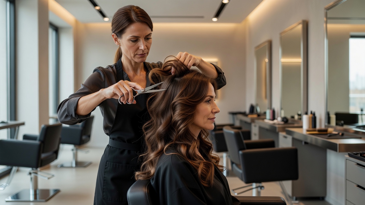 Hair stylist shaping textured layers on a client in salon
