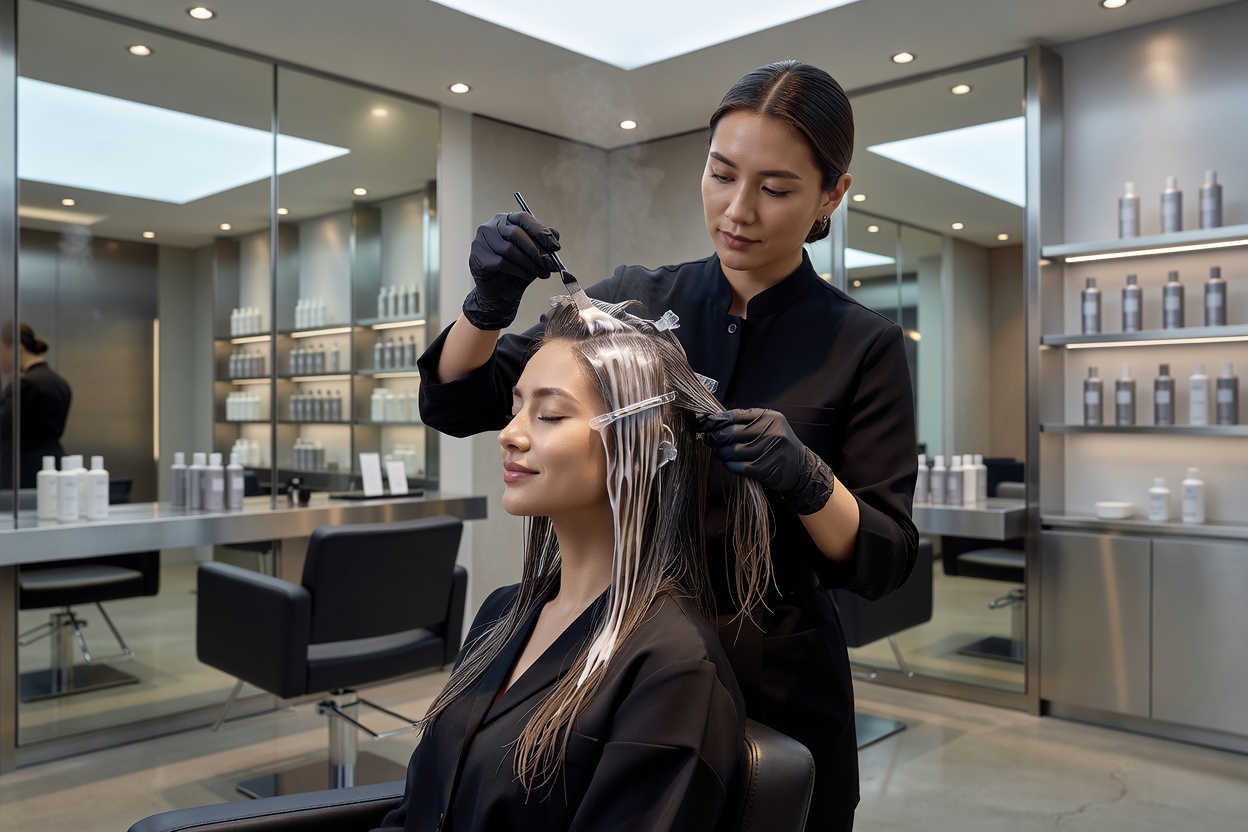 Professional hair glossing and restorative salon treatment application