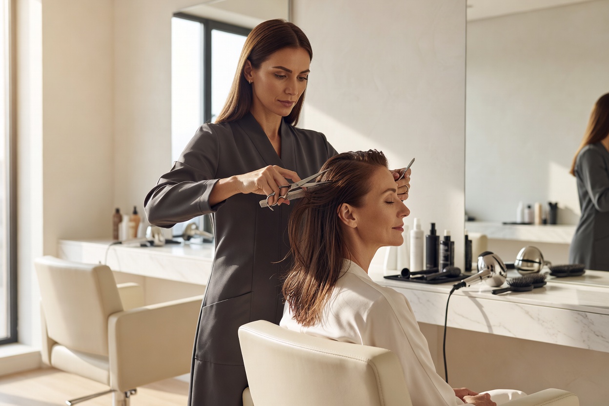 Professional hair stylist working with client in a sunlit modern beauty studio