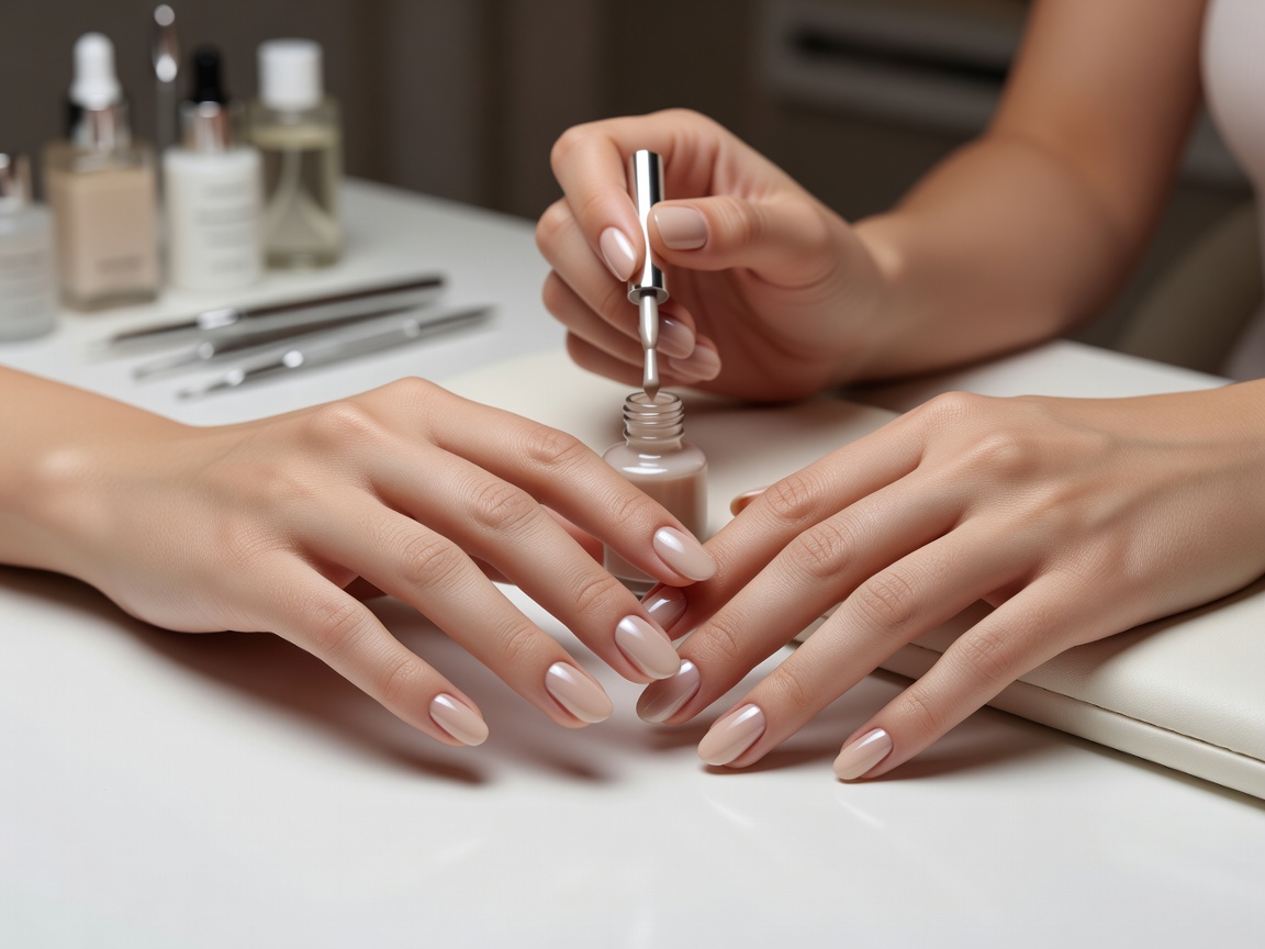 Refined manicure application with neutral nude polish
