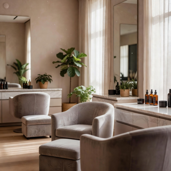 Soft natural light filtering through the salon lounge space